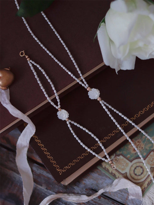 Rose Carvered Mother of Pearls Shell Layered Pearls Necklace and Bracelet (Purchase Individually) - Zafari Studio Jewelry